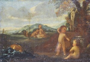 風景の中のプッティ 作： Nicolas Poussin